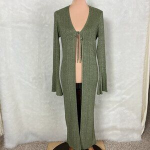 By Anthropologie Long Shine Green Gold Metallic Ribbed Knit Cardigan Sweater M